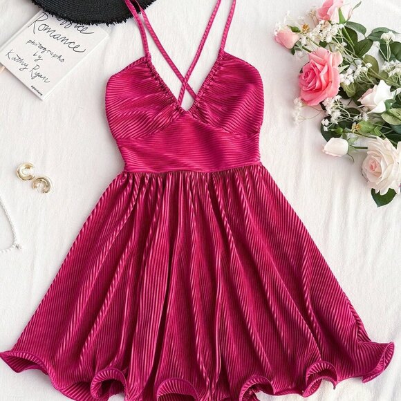 Hot Pink Sexy Women's Criss-Cross Back Spaghetti Strap Mini Dress - Picture 1 of 4